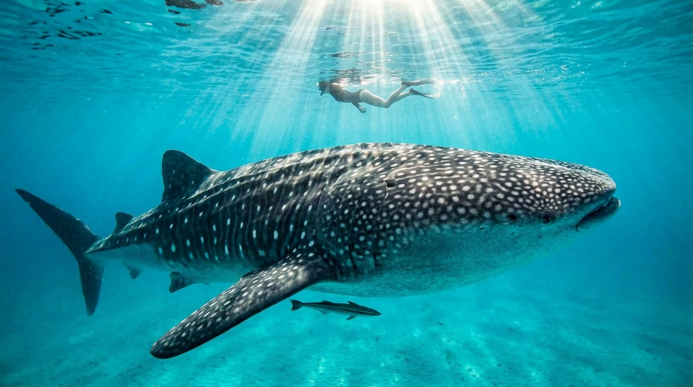 Tiburón ballena deslizándose en agua turquesa del Caribe